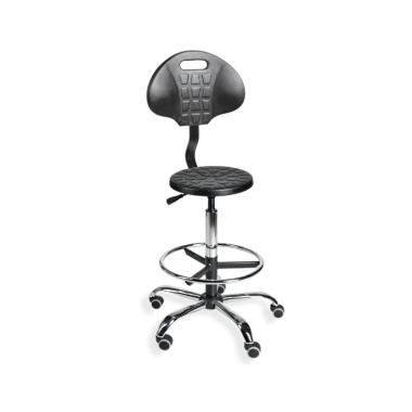 Obrotowy taboret przemysłowy PurTab back chrome H+RING WH z oparciem kółkami i podnóżkiem - 1.webp